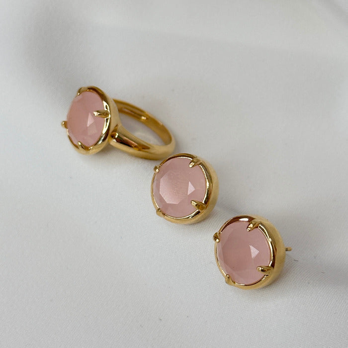 ANEL LICYIN REDONDO COM PEDRA NATURAL LEITOSA ROSA CLARO