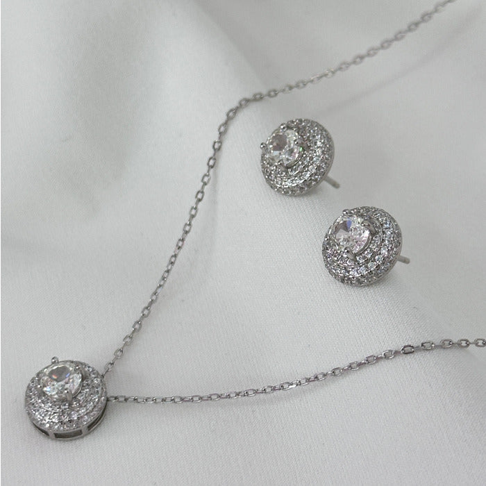 CONJUNTO COLAR E BRINCO PONTO DE LUZ CRAVEJADO PRATA 925 C/ ZIRCONIA