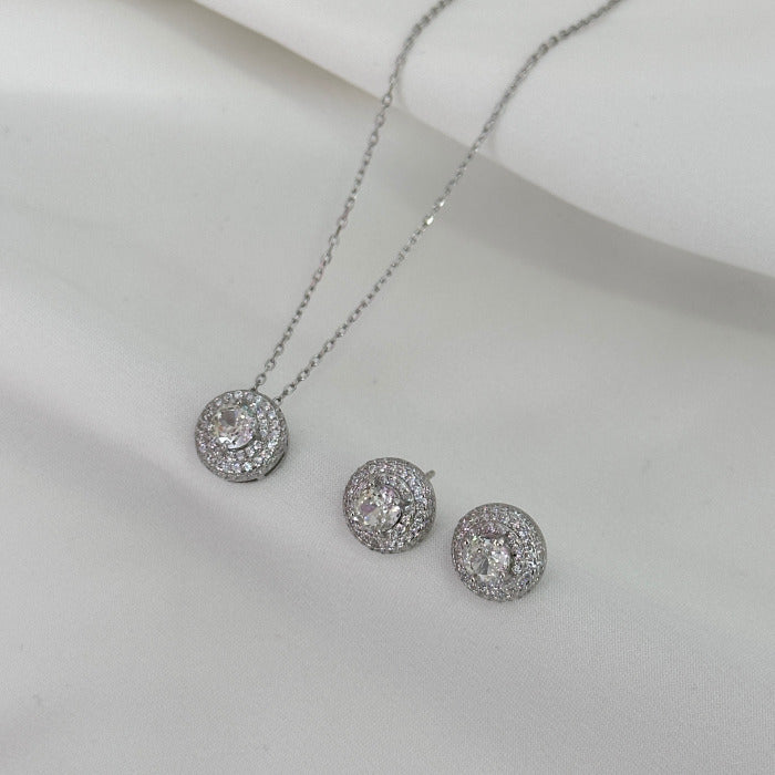 CONJUNTO COLAR E BRINCO PONTO DE LUZ CRAVEJADO PRATA 925 C/ ZIRCONIA