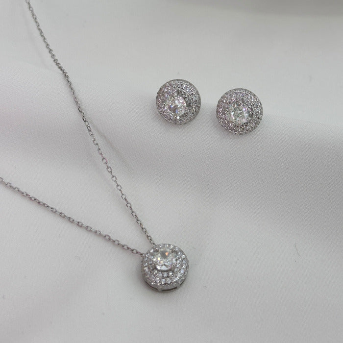 CONJUNTO COLAR E BRINCO PONTO DE LUZ CRAVEJADO PRATA 925 C/ ZIRCONIA