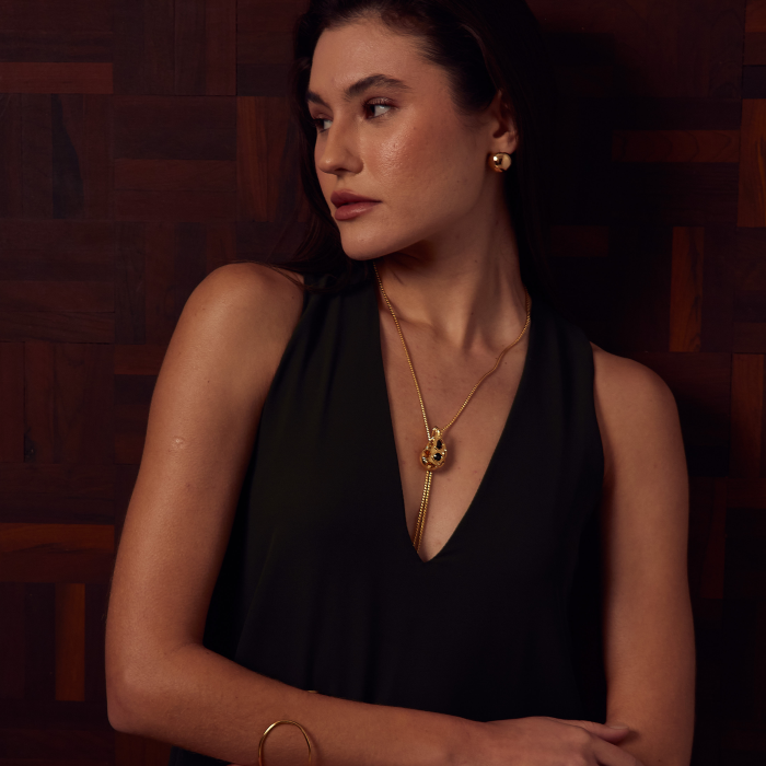 Colar Gravata com Pingente Orgânico Banhado a Ouro 18K