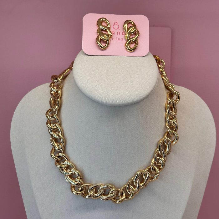 Conjunto Elo Entrelaçado Brinco e colar dourado