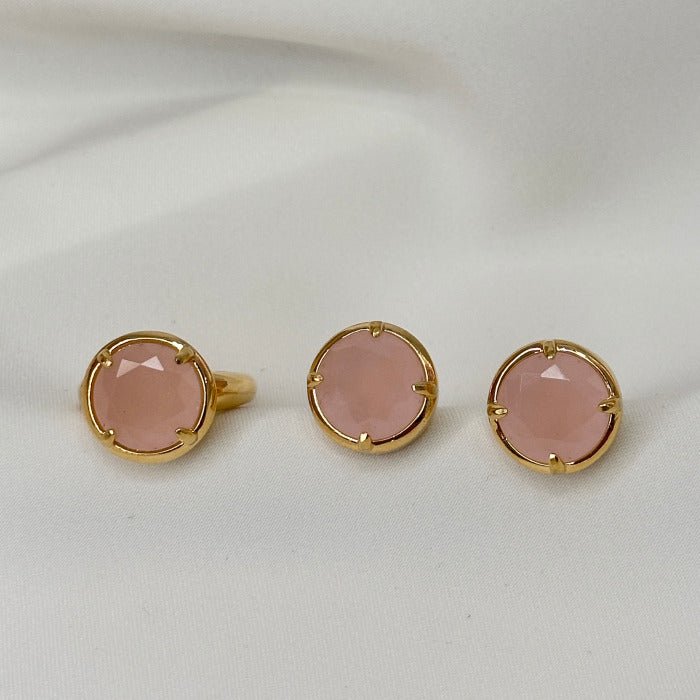 ANEL LICYIN REDONDO COM PEDRA NATURAL LEITOSA ROSA CLARO