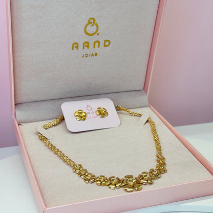 Conjunto Brinco e colar  Florzinhas dourado com regulagem
