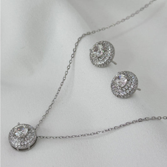 CONJUNTO COLAR E BRINCO PONTO DE LUZ CRAVEJADO PRATA 925 C/ ZIRCONIA