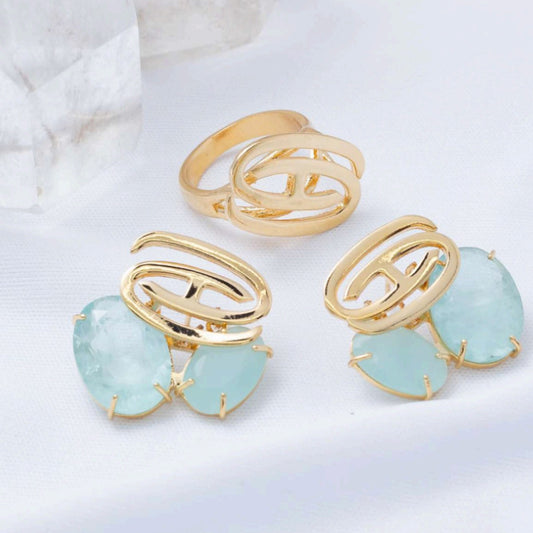 Brinco Dourado com Pedras Fusion Turquesa