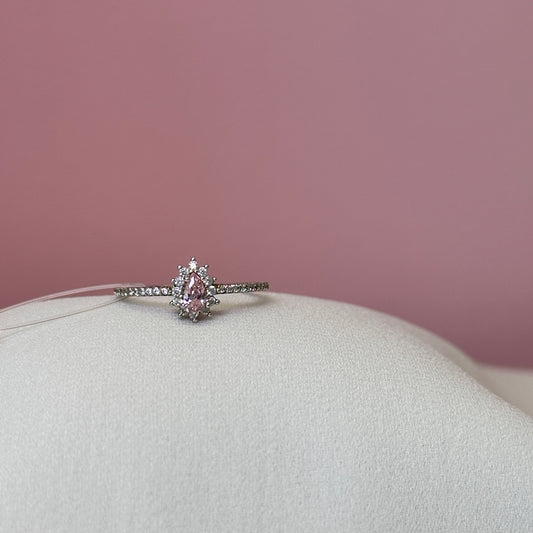 Anel prata 925 solitario cravejado pedra quartzo rosa gota