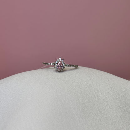 Anel prata 925 solitario cravejado pedra quartzo rosa gota