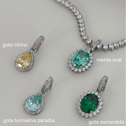 PINGENTE ESMERALDA OVAL PRATA 925 CRAVEJADO