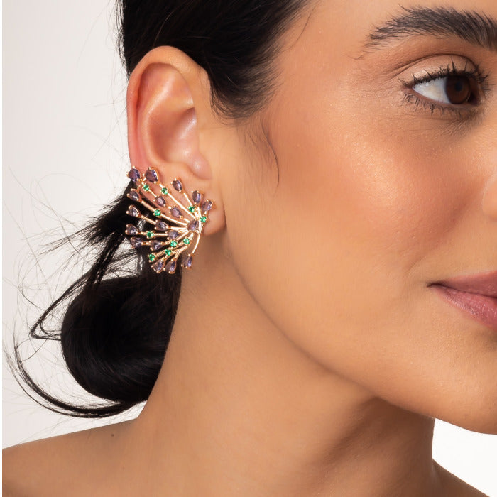 BRINCO LEAVE EARCUFF PAVÃO LAVANDA E ESMERALDA