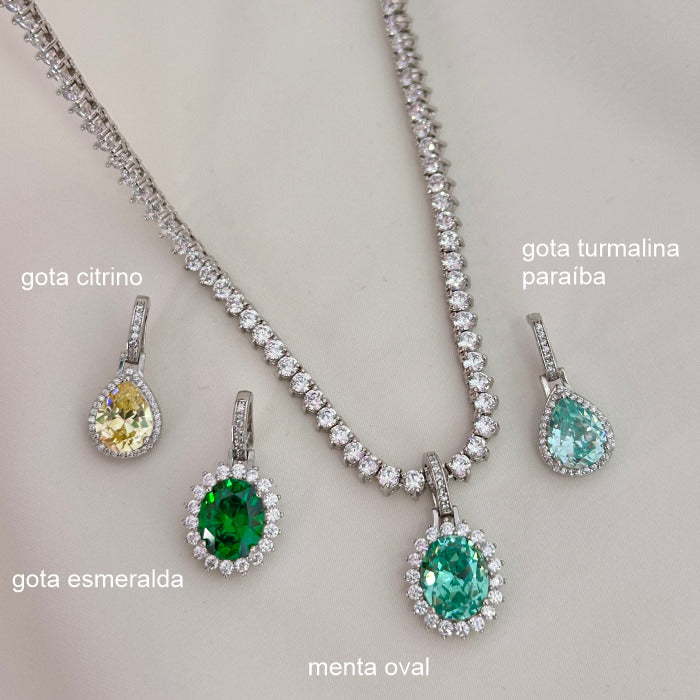 PINGENTE ESMERALDA OVAL PRATA 925 CRAVEJADO