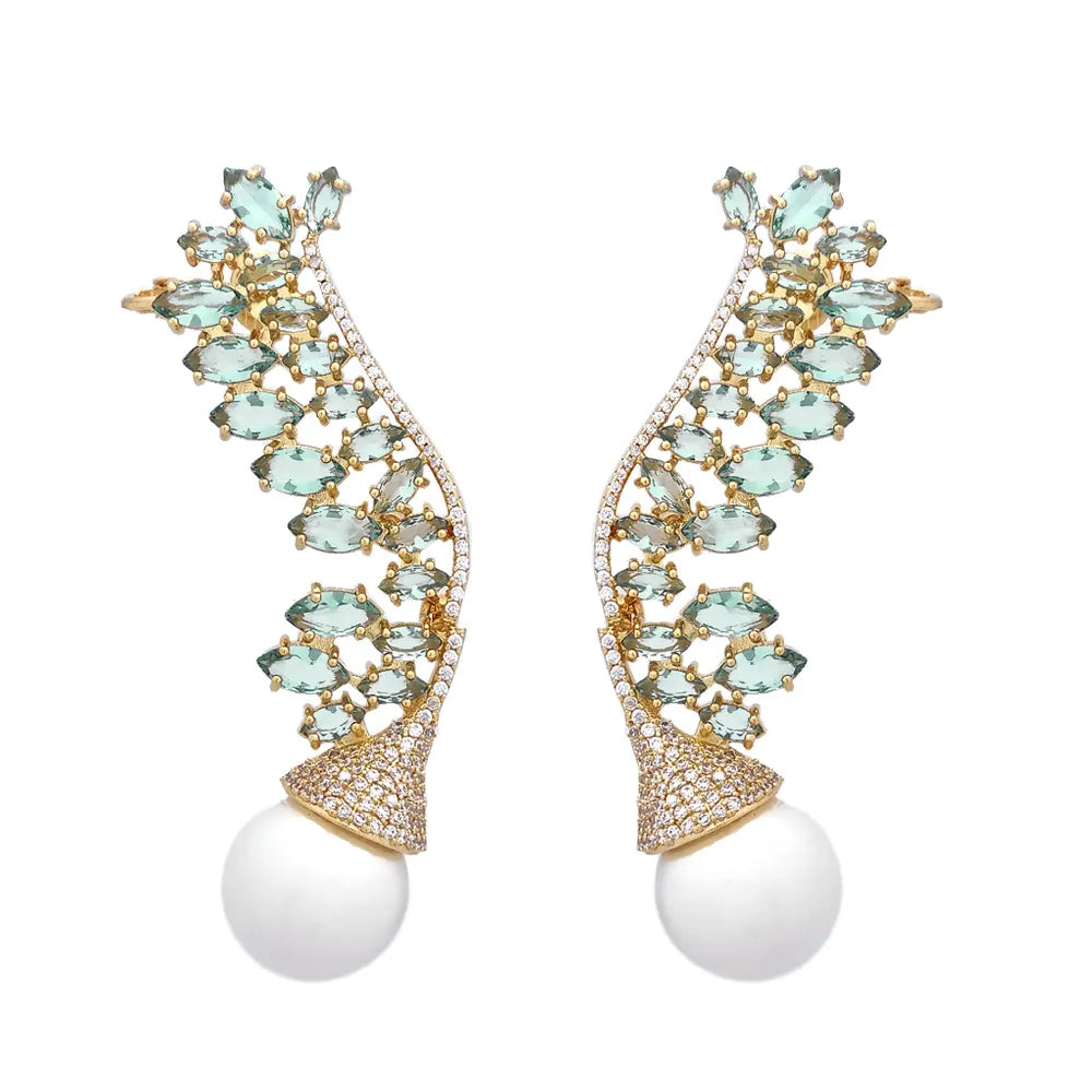 Brinco EarCuff Pérola e Zircônias Azuis e Verdes